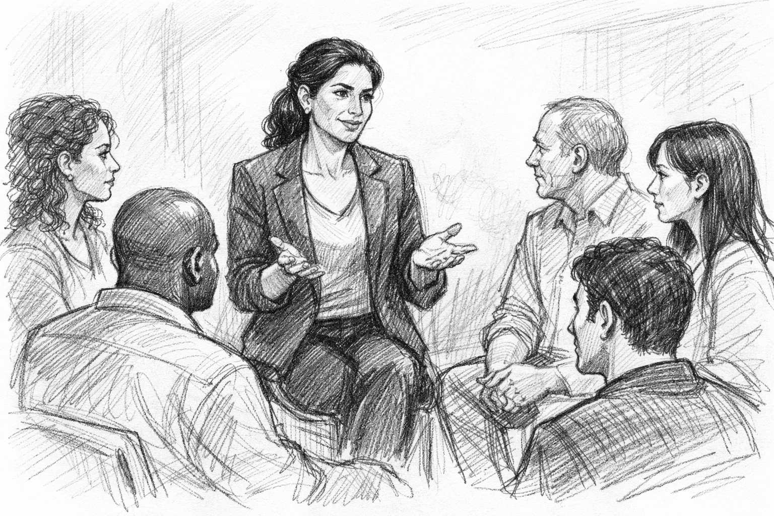 A group wellness coaching session with employees in a modern workspace